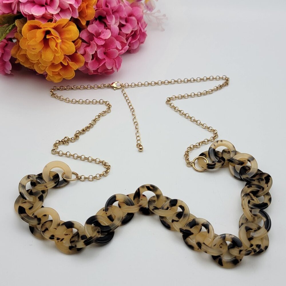 Faux Tortoise Circle Link Gold Tone Chain Necklace 38 in Adj. Rolo Chain Mocha